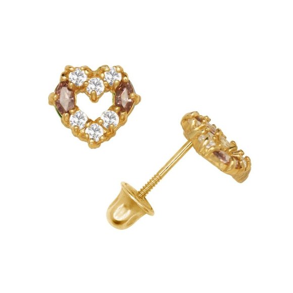 14K Solid Yellow Gold Heart Earrings Set With Cz And Marquise Shape Screw Backs - Picture 6 of 10